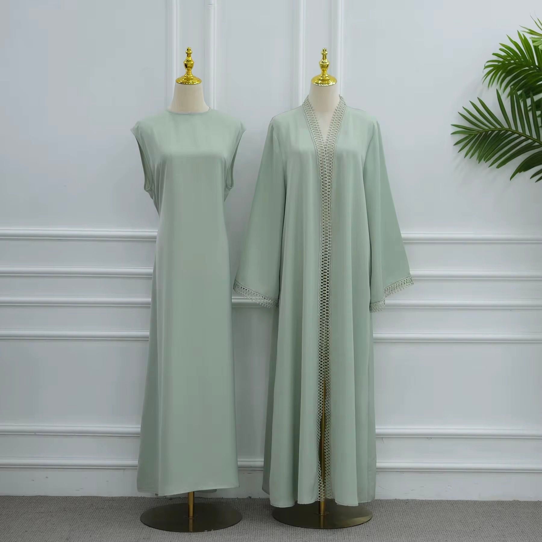 Women’s Nida Fabric 2 Piece Lace Trim Abaya Set with Pockets