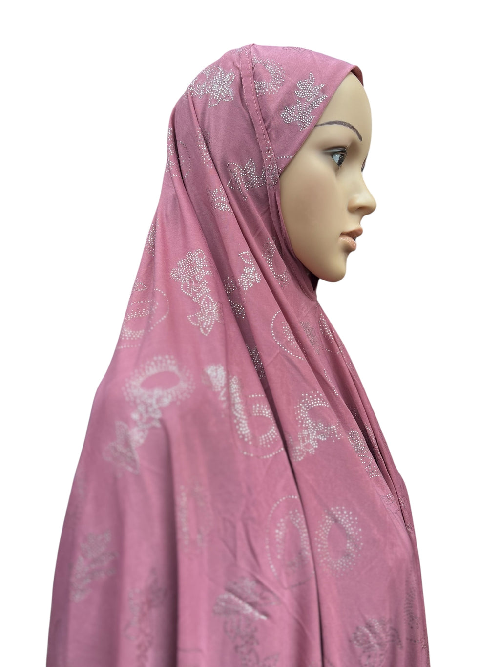 XL One-Piece Instant Hijab with Silver Rhinestones - Pink