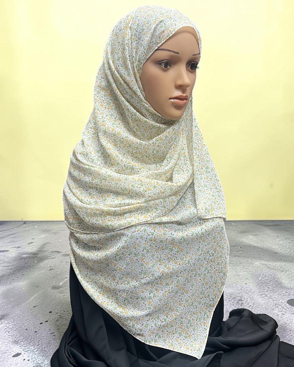 Printed Chiffon Hijab – Yellow Petunia | White with Yellow & Green Florals | Lightweight Modest Hijab
