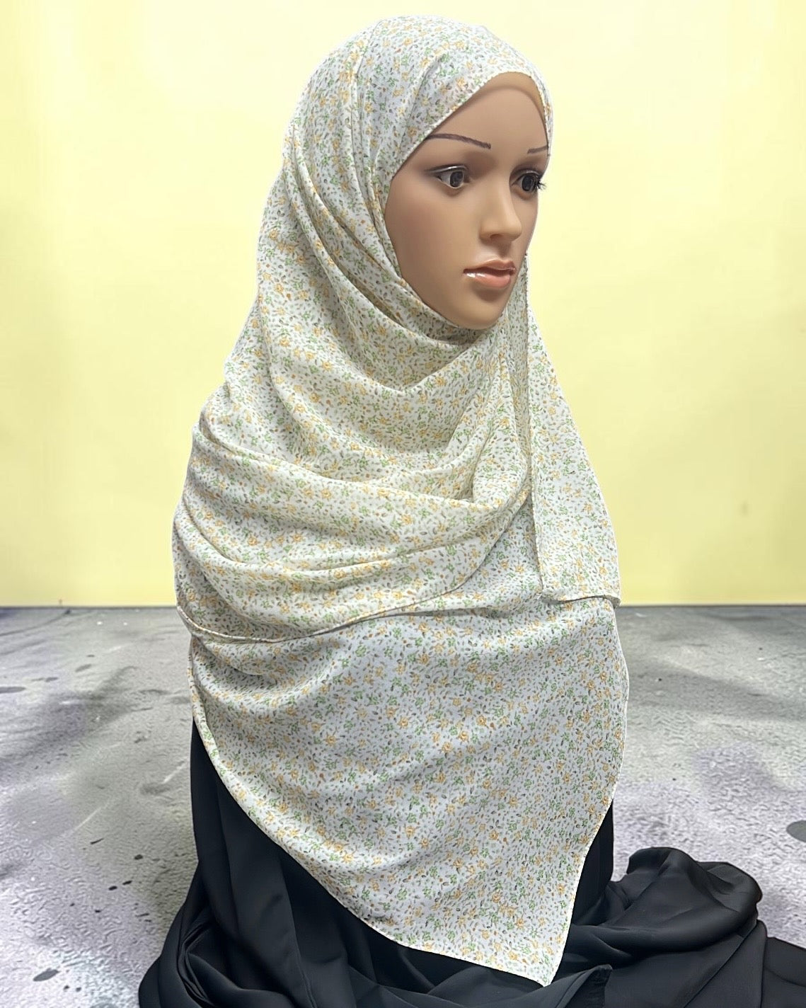 Printed Chiffon Hijab – Yellow Petunia | White with Yellow & Green Florals | Lightweight Modest Hijab