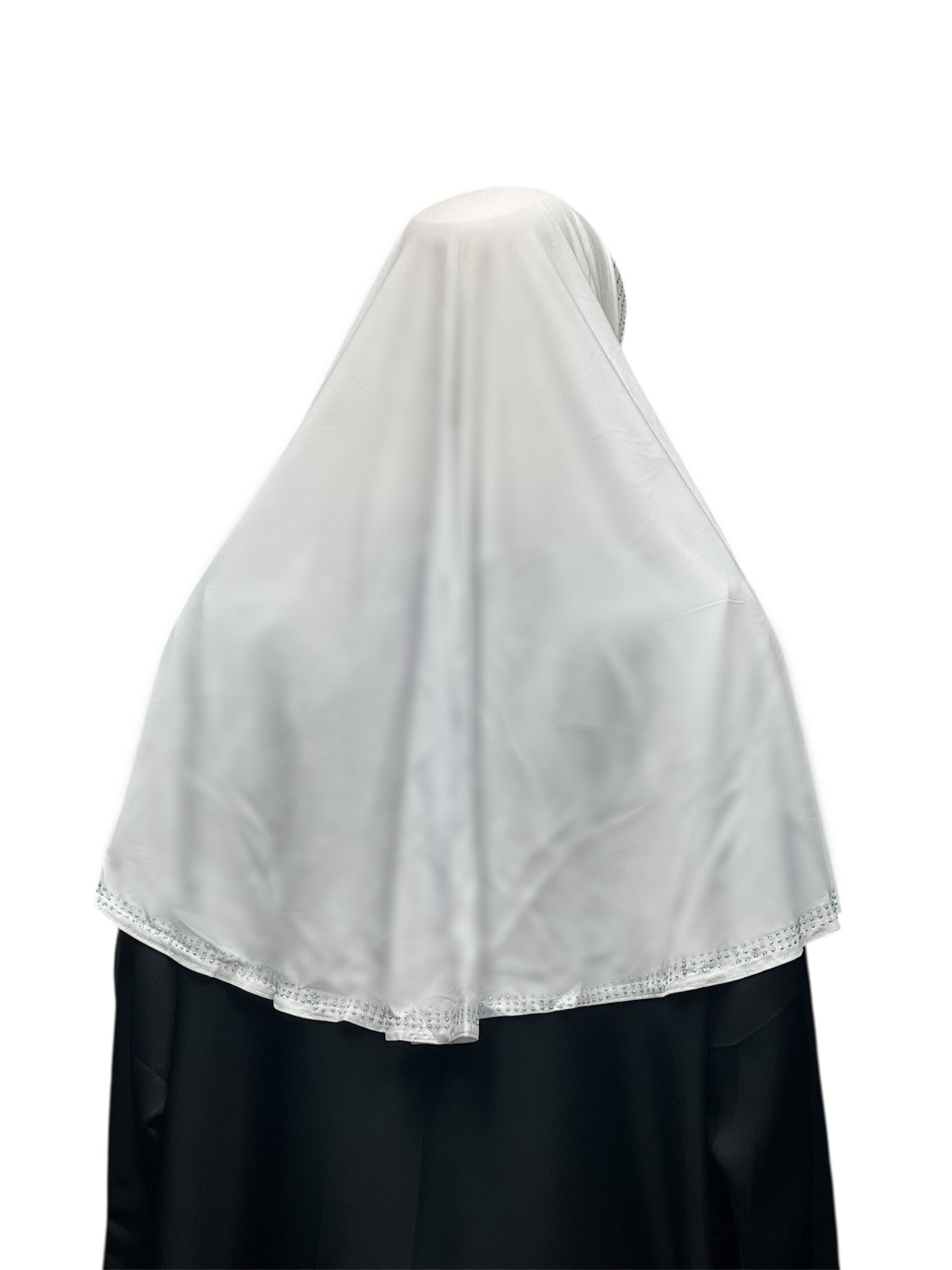 Girls Solid 1 Piece Slip On Hijab with Rhinestones  - White