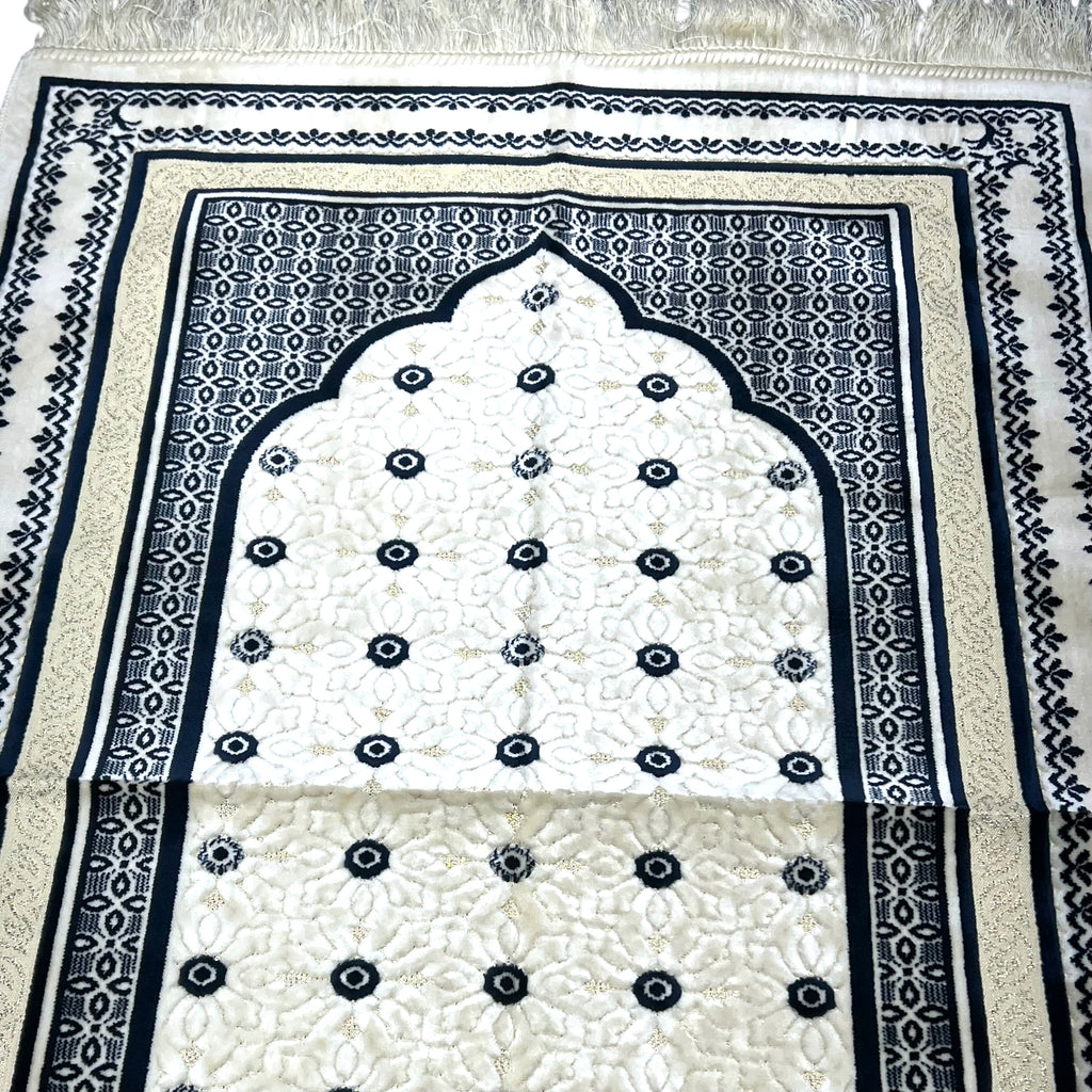 Luxury Navy Blue Islamic Prayer Rug | Soft Velvet Janamaz