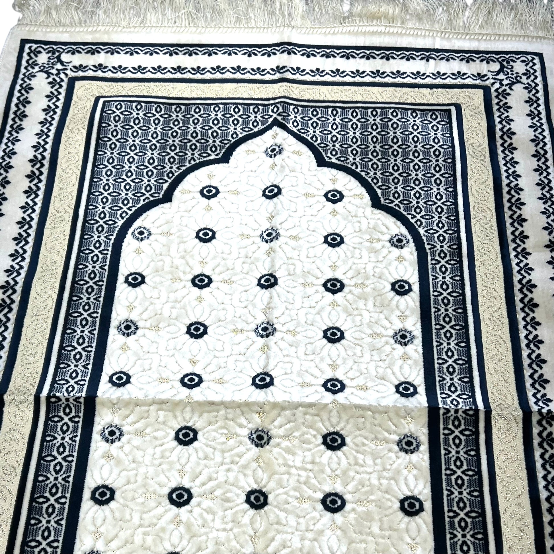 Luxury Navy Blue Islamic Prayer Rug | Soft Velvet Janamaz