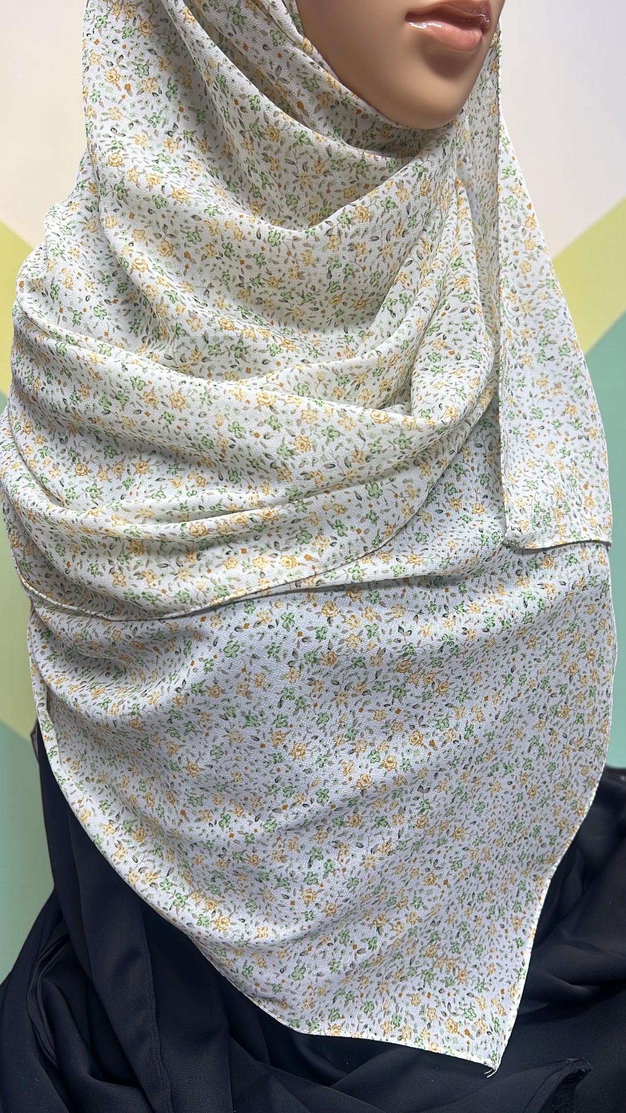 Printed Chiffon Hijab – Yellow Petunia | White with Yellow & Green Florals | Lightweight Modest Hijab