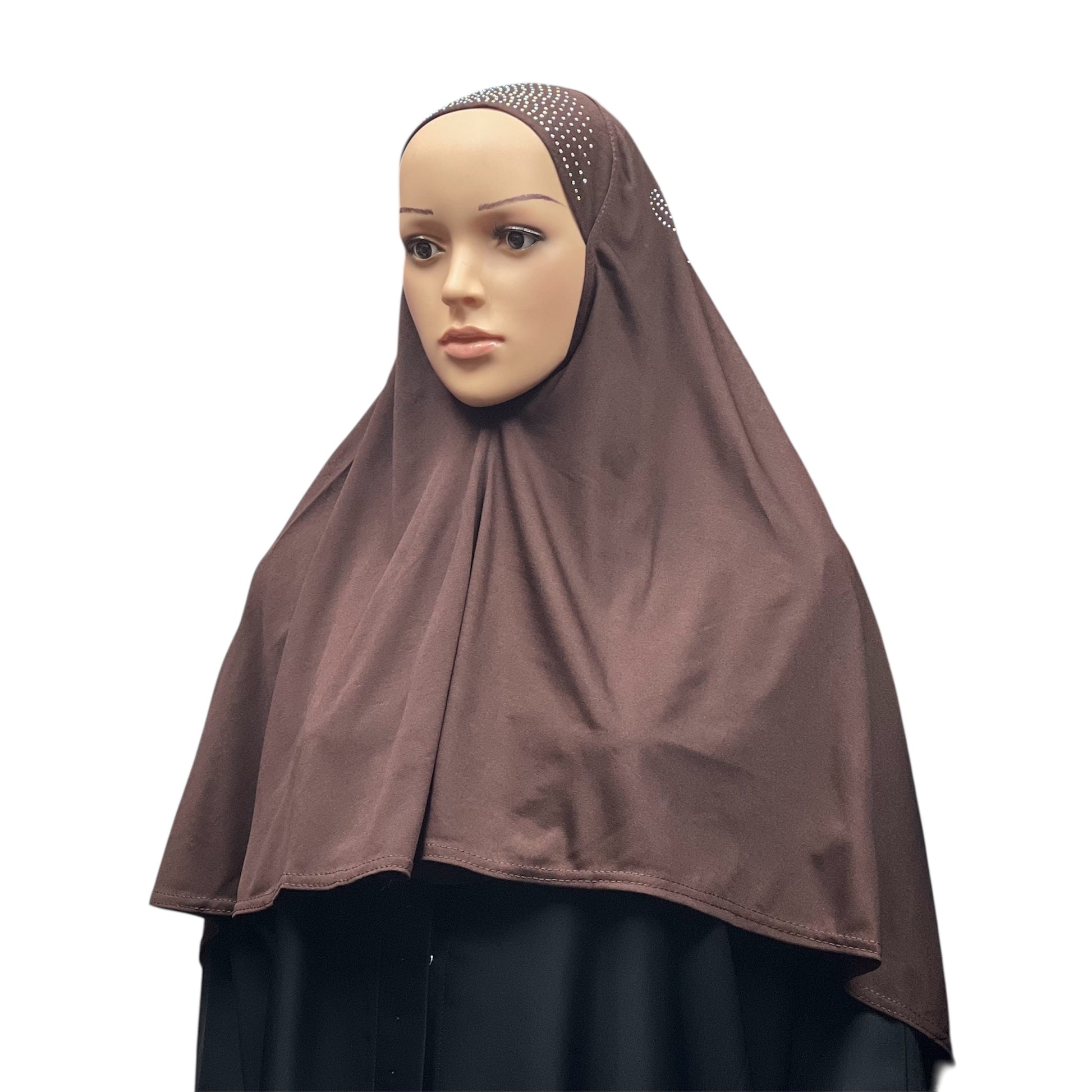Girls Solid 1 Piece Slip On Hijab with Rhinestones  - Brown