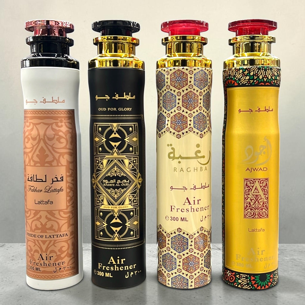 (4 PACK BUNDLE) Lattafa Air Fresheners - Raghba, Ajwad, Badee Al Oud, Fakhar Rose