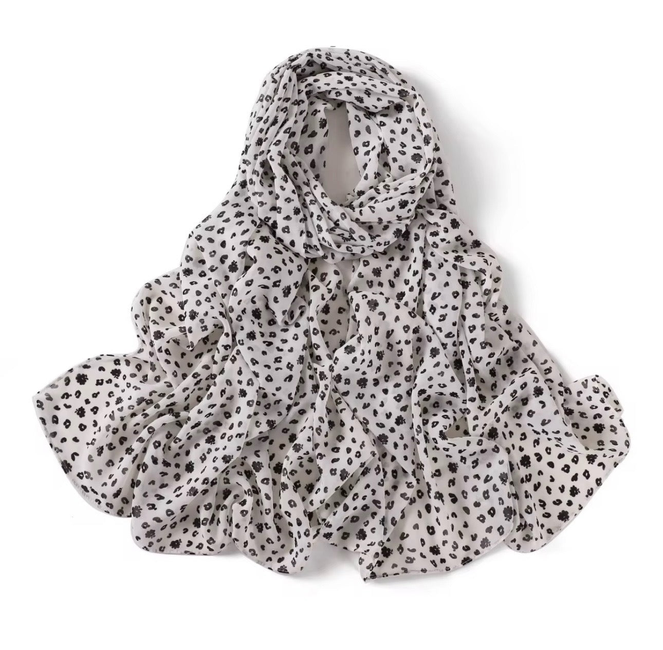 Printed Chiffon Hijab – Poppy |White with Black Florals | Lightweight Modest Hijab