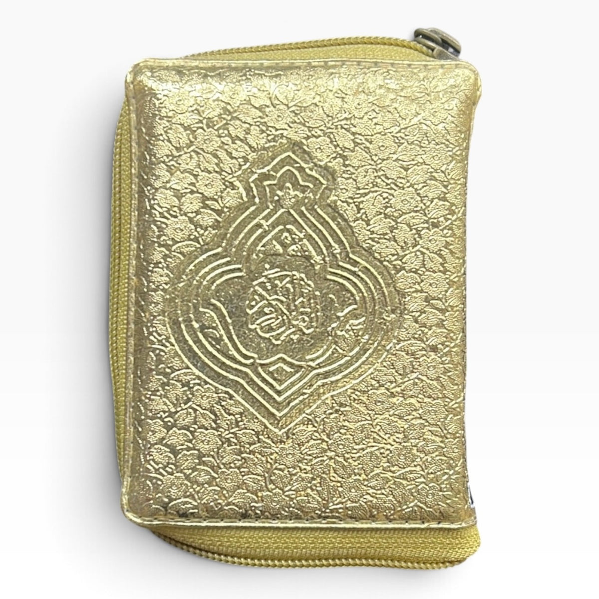 Small Leather Zipper Quran Gold Cover – IndoPak Script 13 Line | Mini Travel Size (4” x 3”)