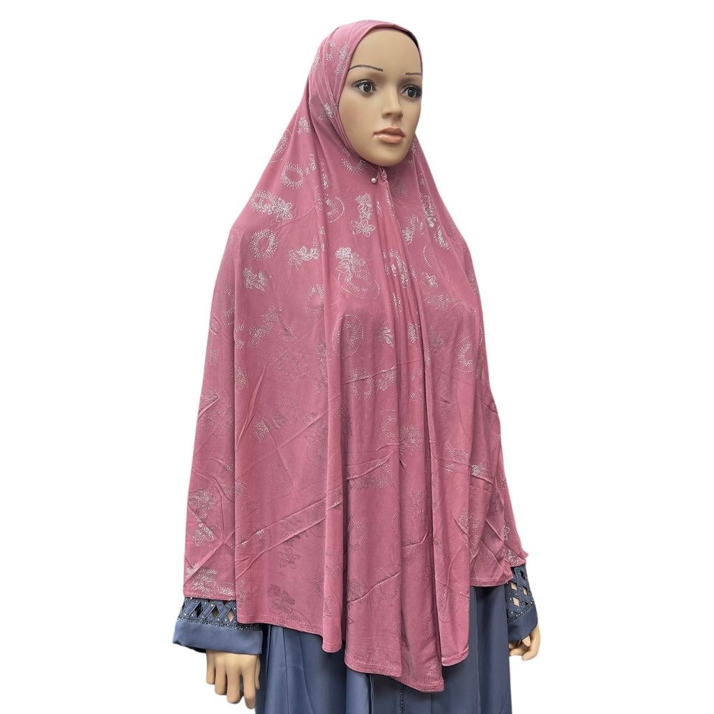 XL One-Piece Instant Hijab with Silver Rhinestones - Pink