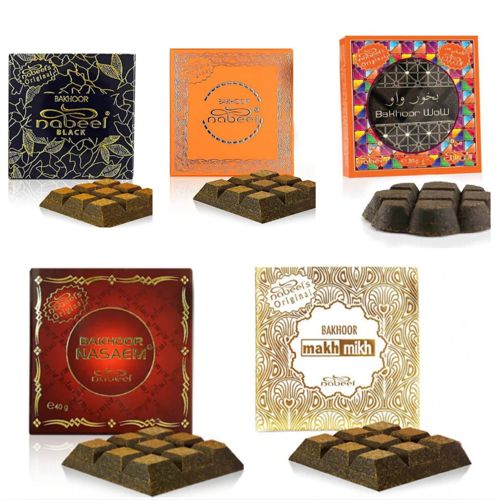 (VARIETY 5 PACK) 40g Bakhoors - Nabeel, Nabeel Black, Makh Mikh, Nasaem, Wow