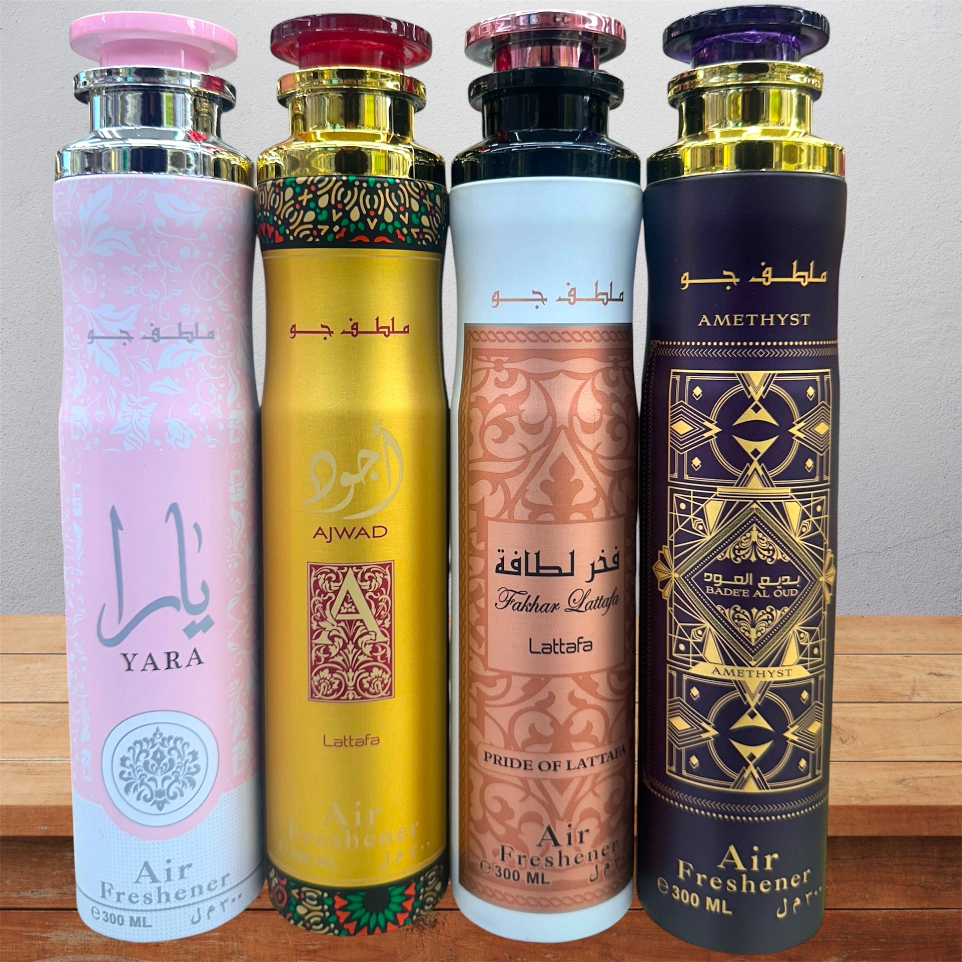 (4 PACK BUNDLE) Lattafa Air Fresheners - Yara, Ajwad, Badee Al Oud Amethyst, Fakhar Rose
