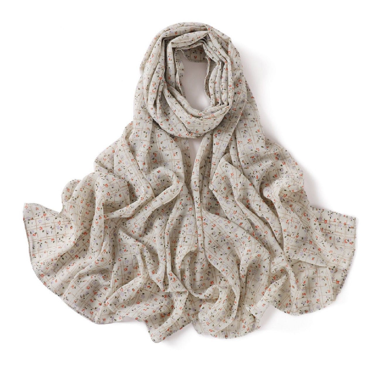 Floral printed chiffon hijab in beige