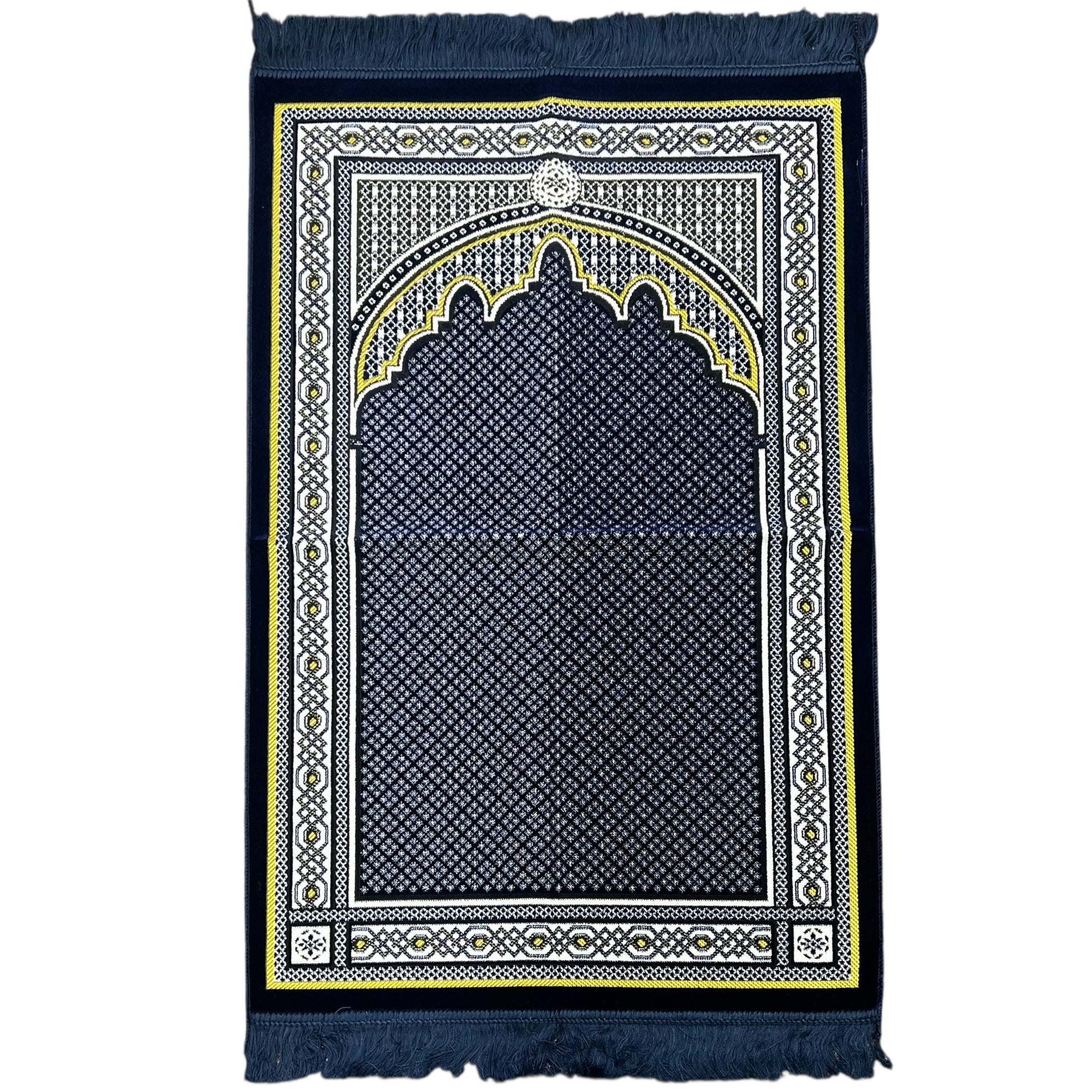 Classic Dark Blue Islamic Prayer Rug - Soft Janamaz with White & Gold Mihrab Design