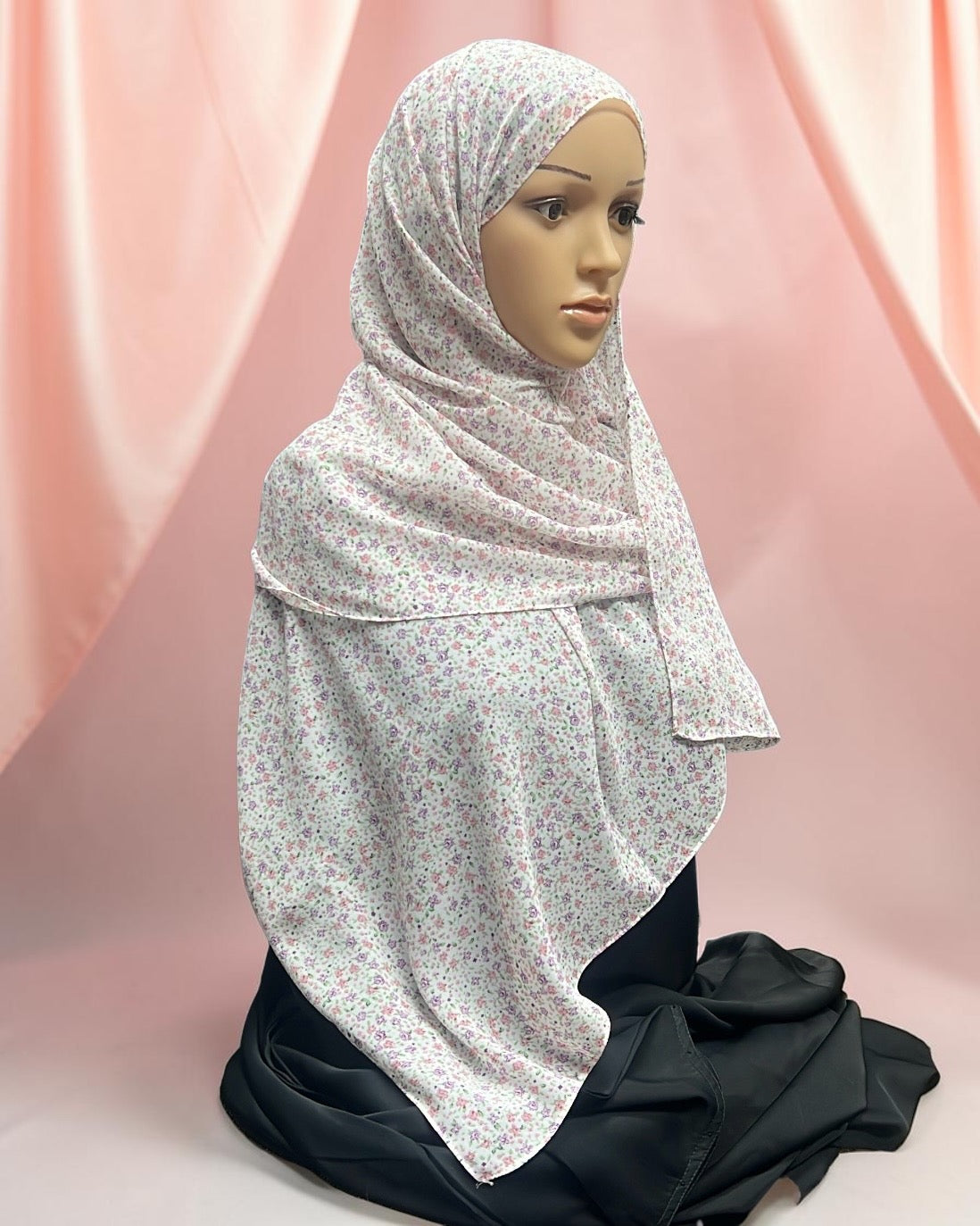 Printed Chiffon Hijab – Pink Petunia | White with Pink & Purple Florals | Lightweight Modest Hijab