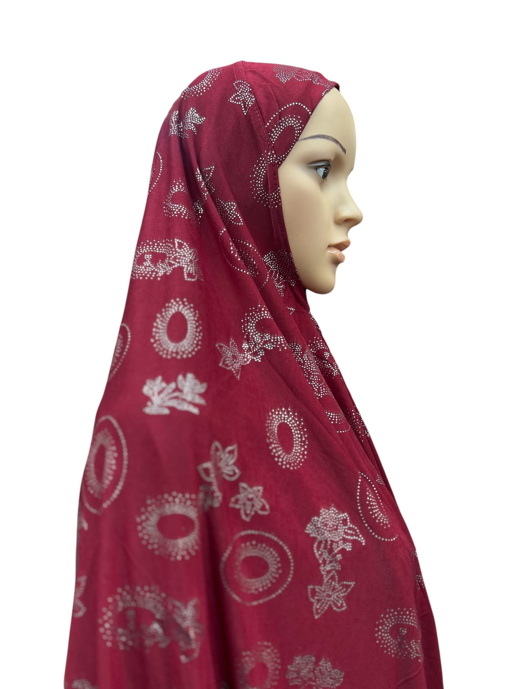 XL One-Piece Instant Hijab with Silver Rhinestones - Maroon