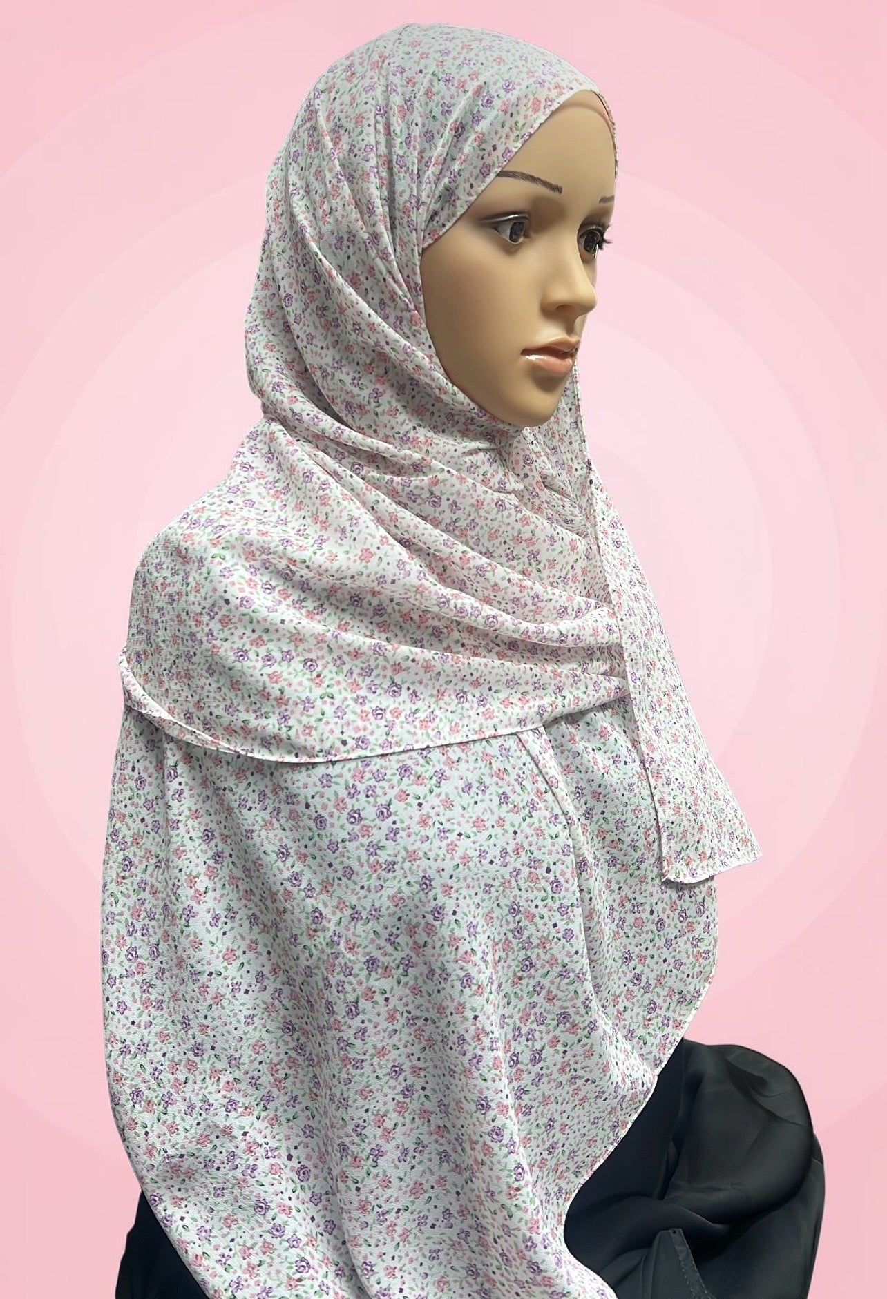 Printed Chiffon Hijab – Pink Petunia | White with Pink & Purple Florals | Lightweight Modest Hijab
