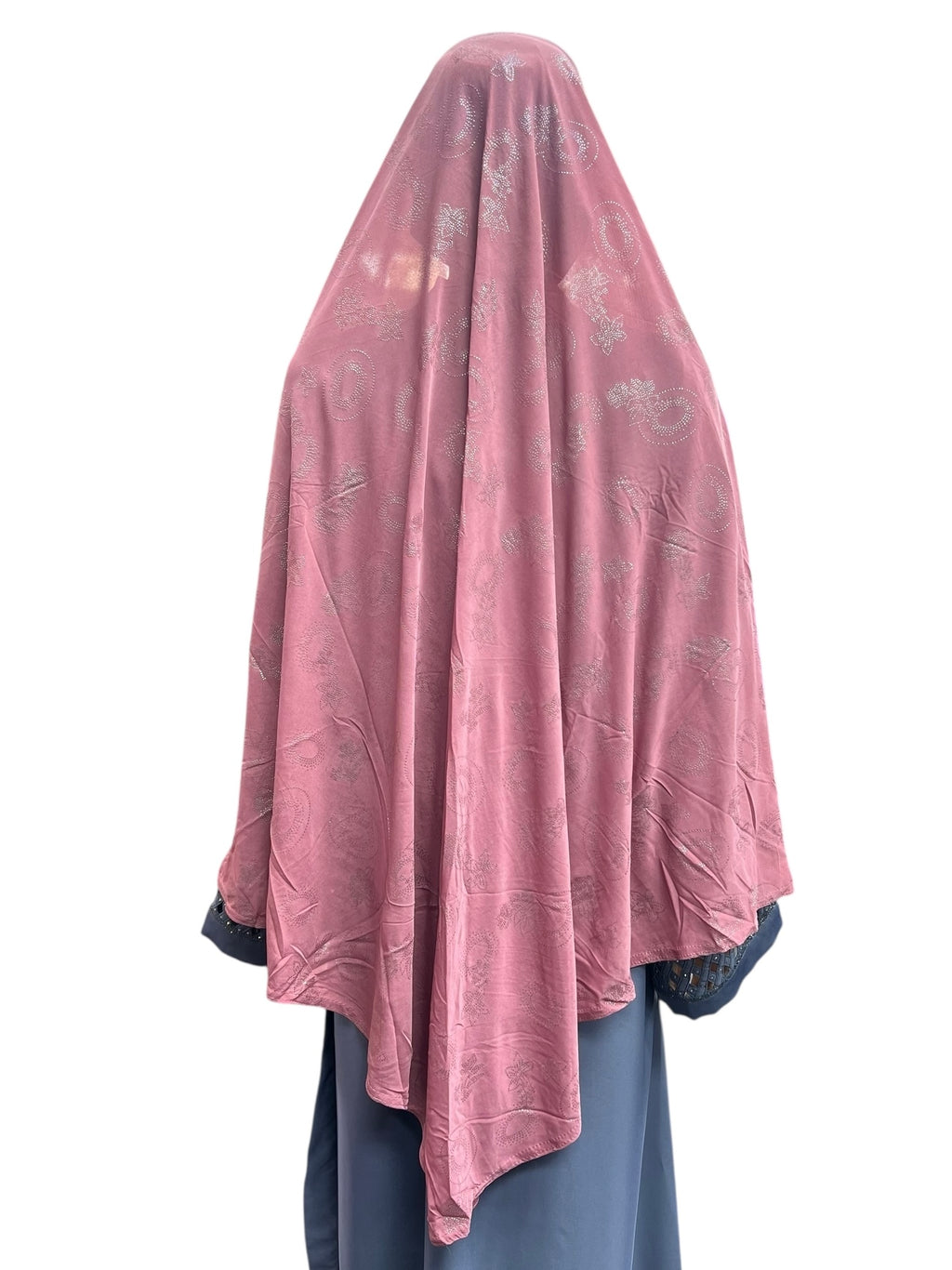 XL One-Piece Instant Hijab with Silver Rhinestones - Pink