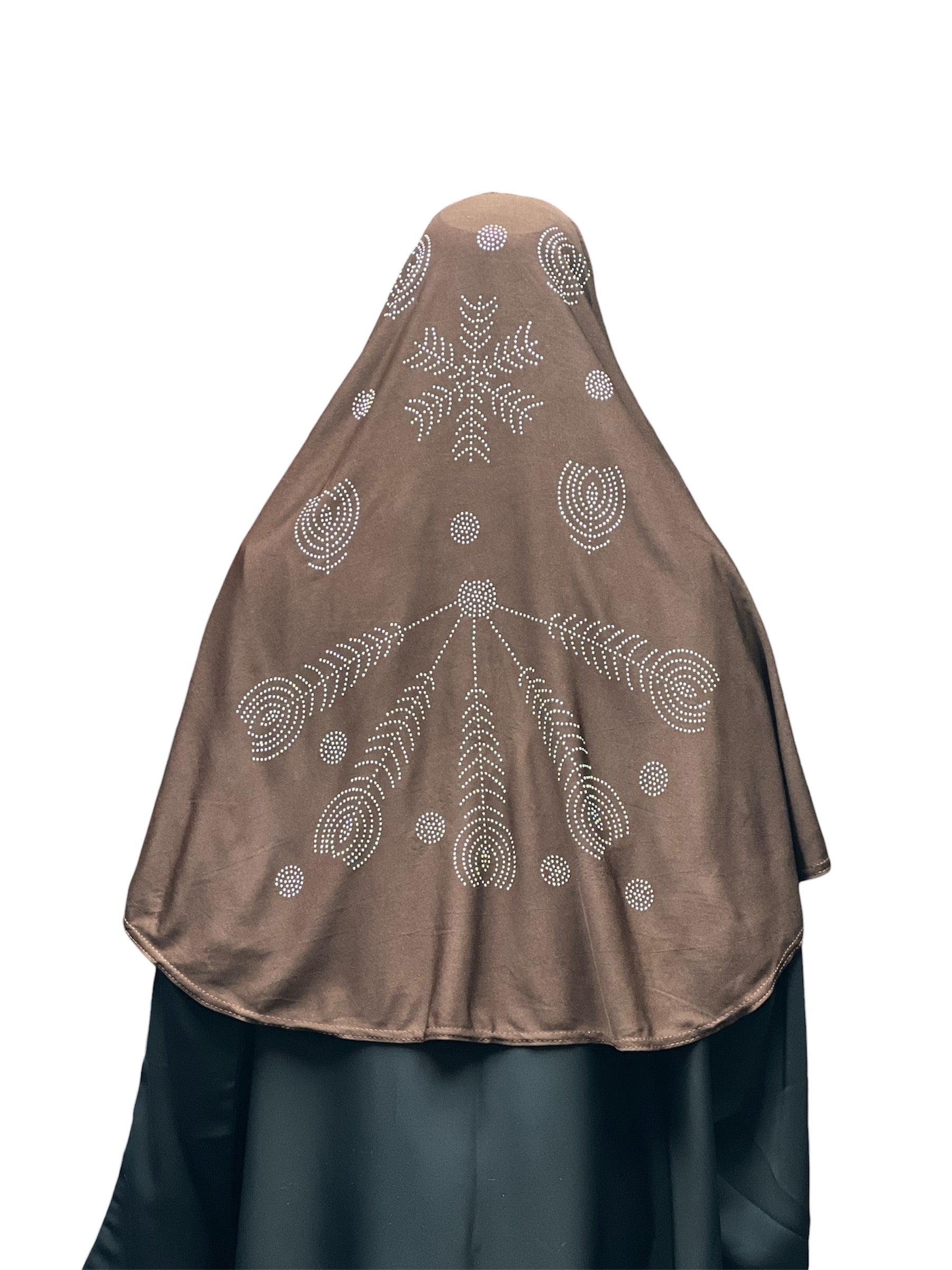 Girls Solid 1 Piece Slip On Hijab with Rhinestones  - Brown