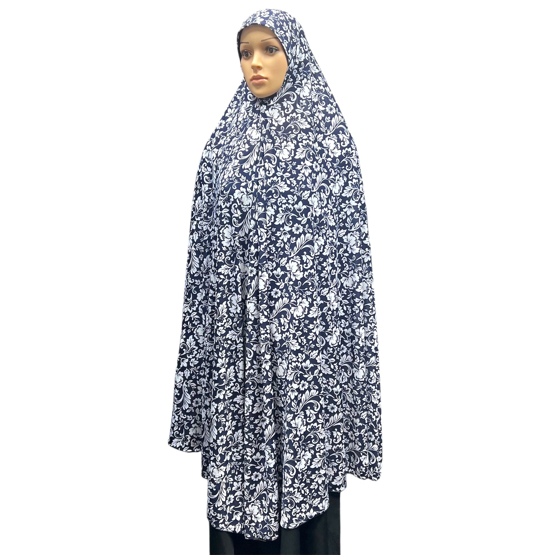 XXXL Women’s Printed Prayer Hijab - Navy Blue Floral