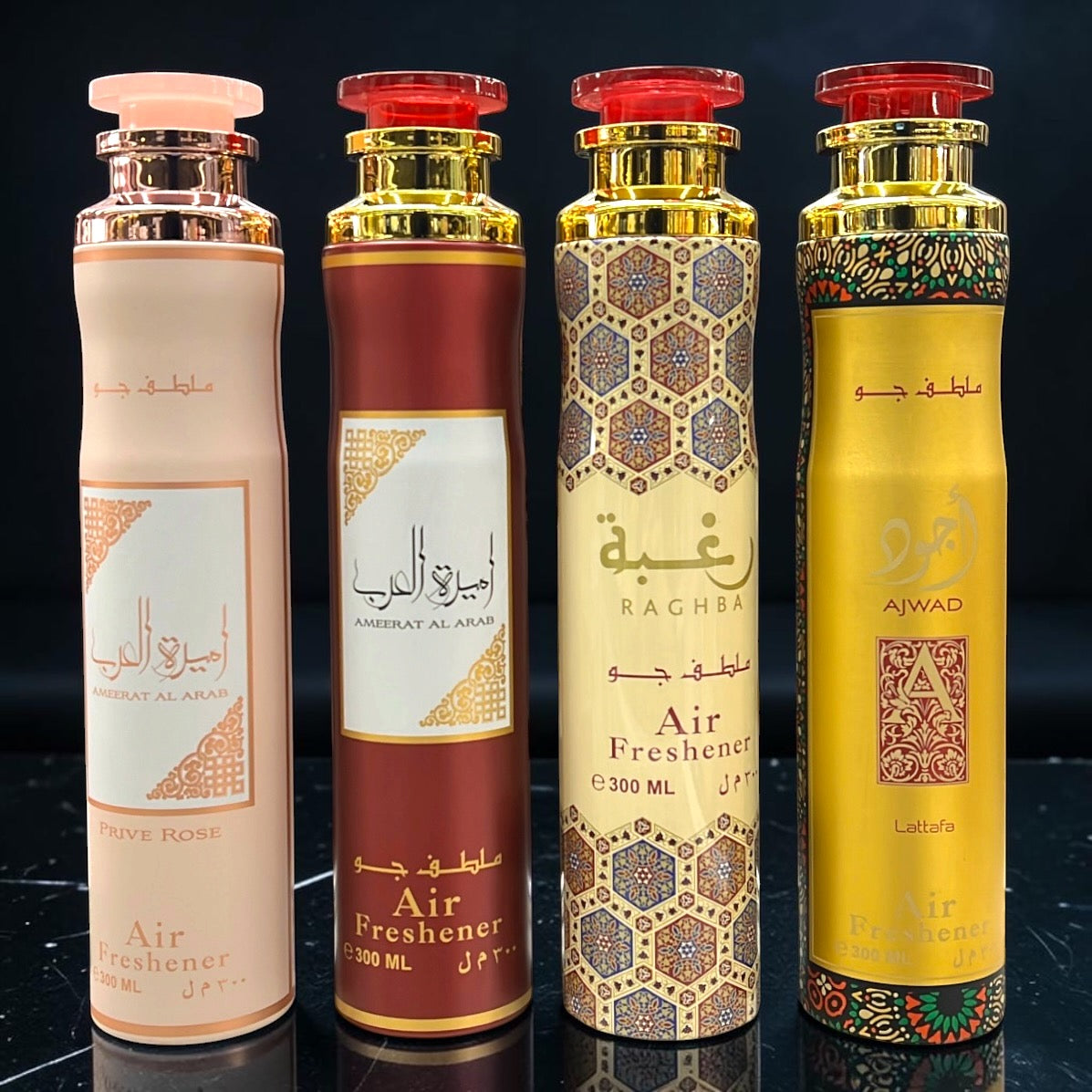 (4 PACK BUNDLE) Lattafa Air Fresheners - Raghba, Ajwad, Ameerat Al Arab, Ameerat Al Arab Prive Rose