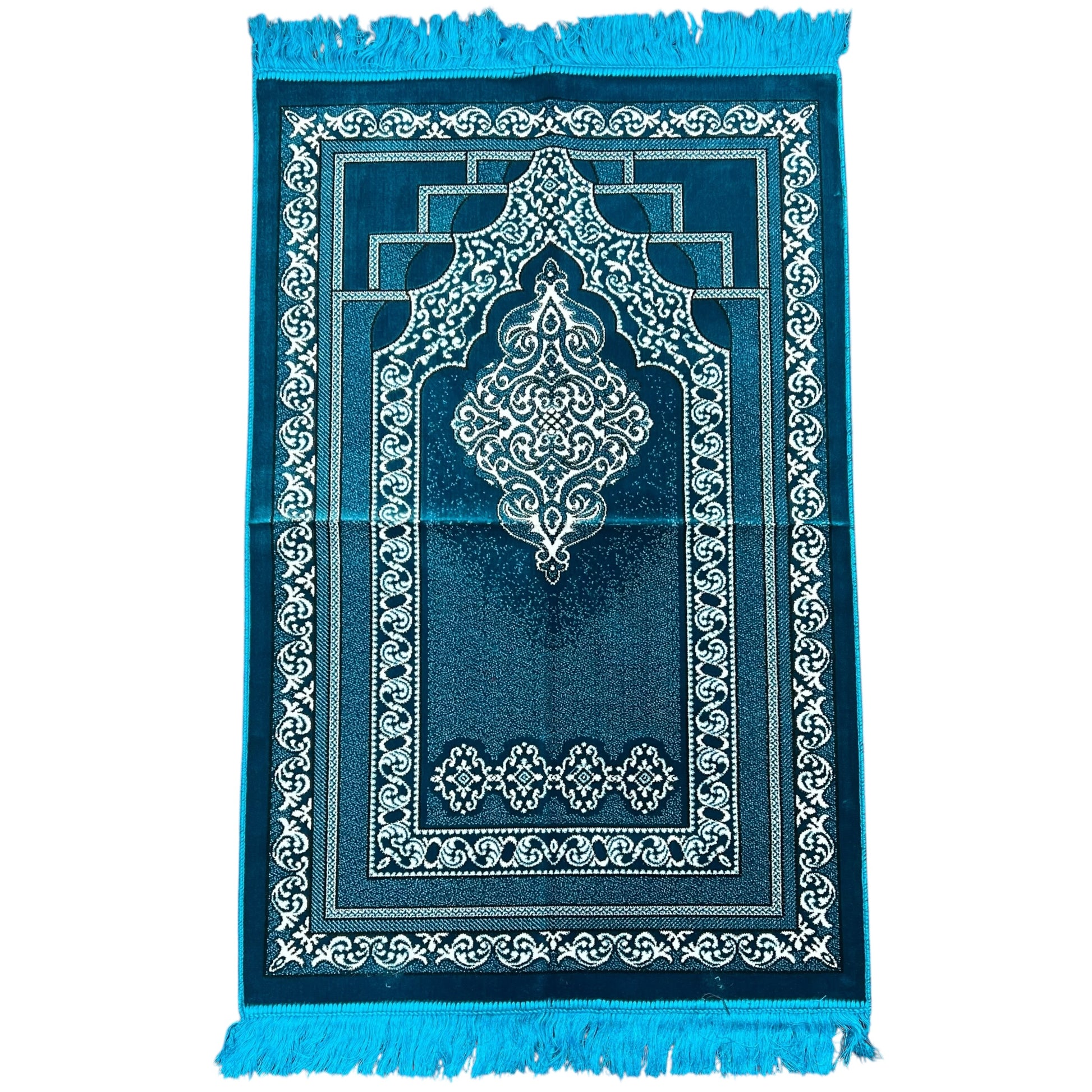Classic Blue Islamic Prayer Rug - Soft Janamaz with White Mihrab Design