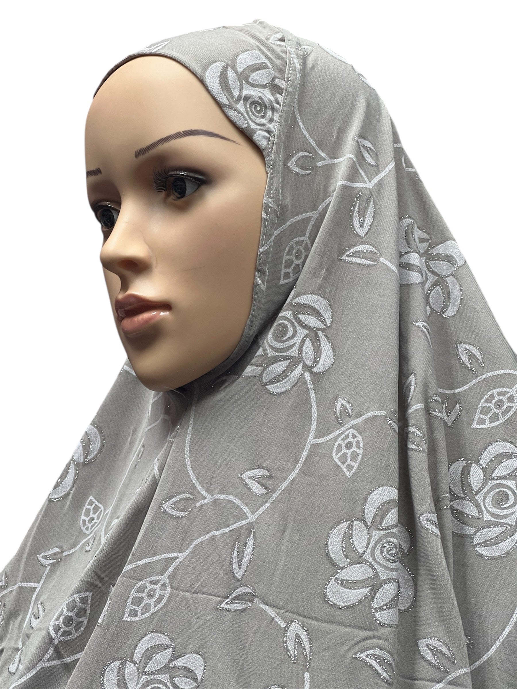 Girls Fancy Hijab Glitter Flowers - Light Gray