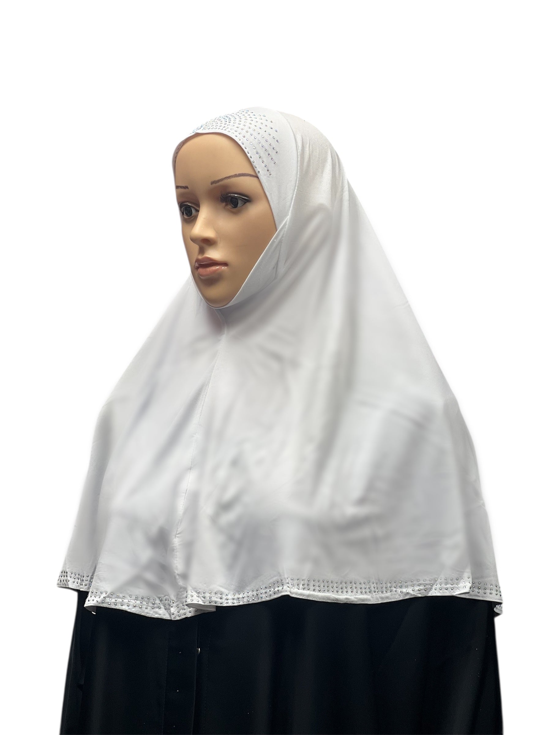 Girls Solid 1 Piece Slip On Hijab with Rhinestones  - White