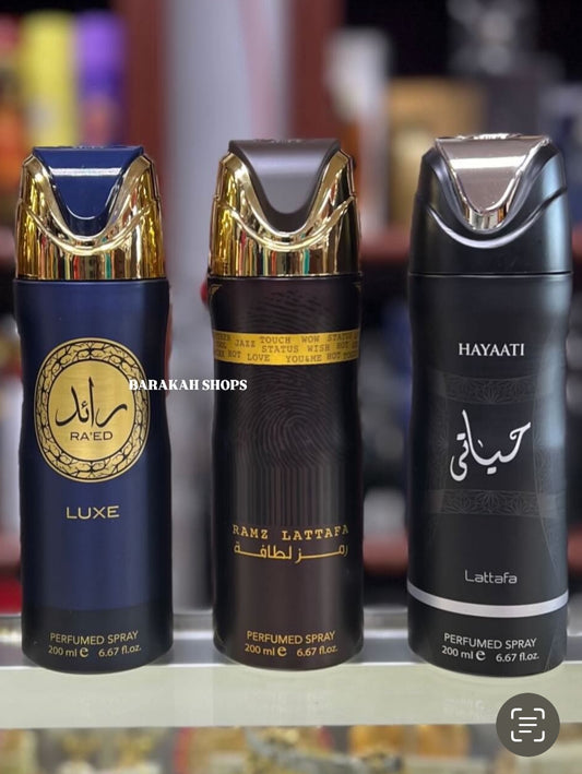 (3 PACK MENS BUNDLE) 200ml Perfume Sprays - Ramz Gold, Hayaati, Ra’ed Luxe