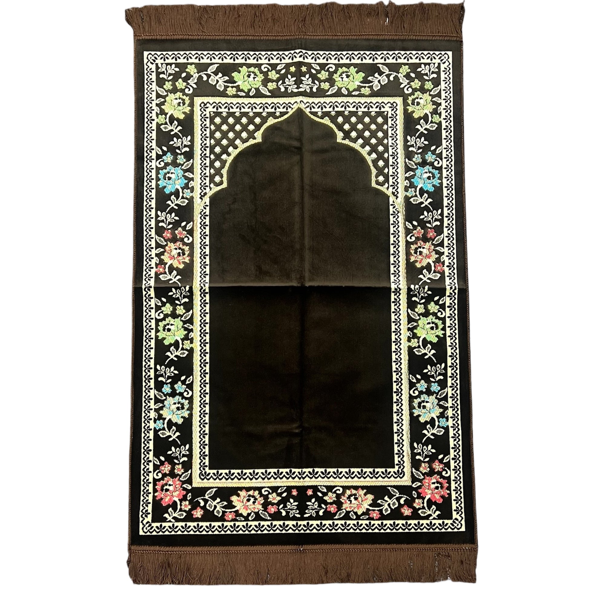 Luxury Chocolate Brown Floral Islamic Prayer Mat - Soft Janamaz with Cream Border