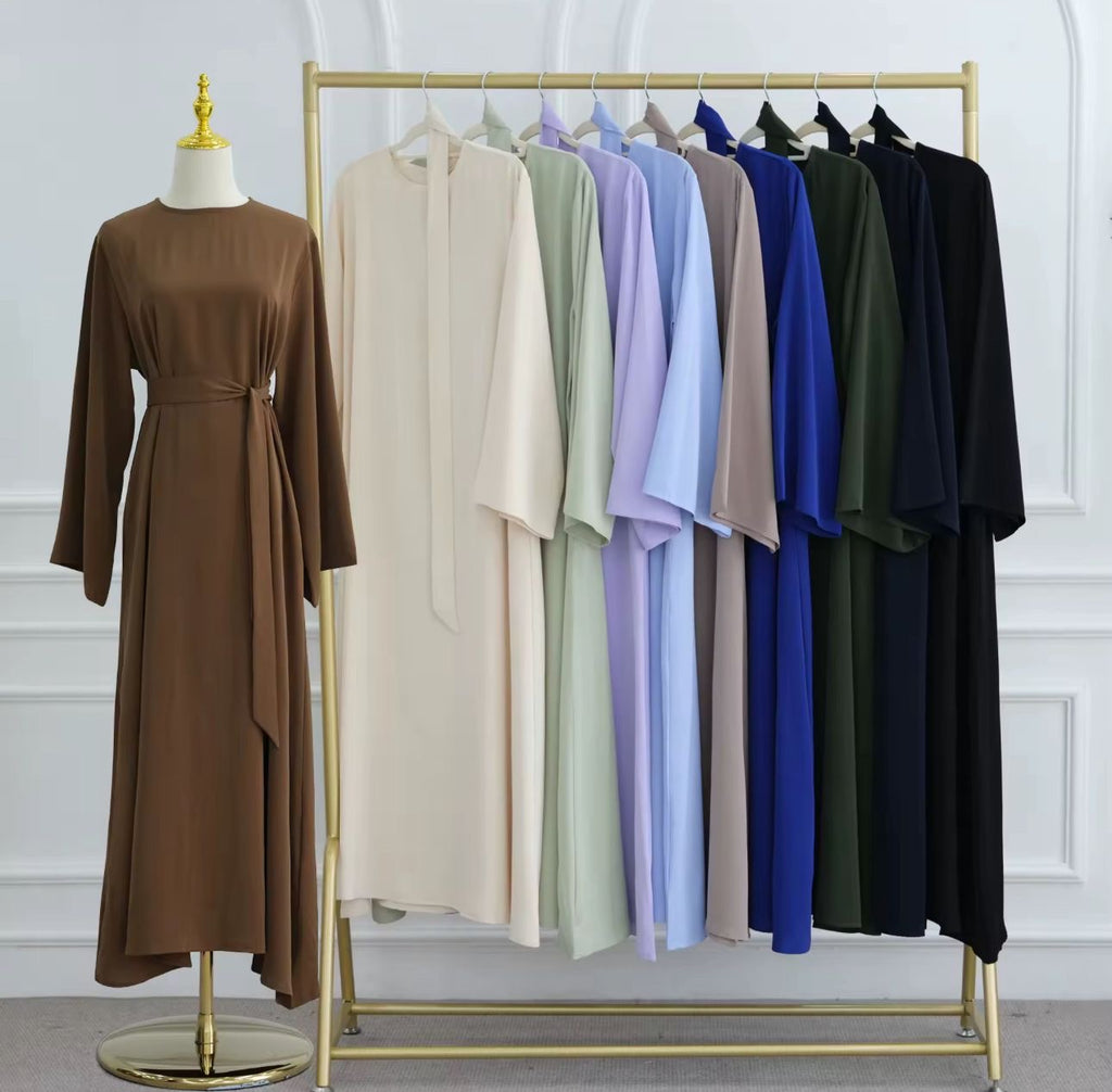 Women’s One Piece Casual Nida Abayas with Pockets + Belt