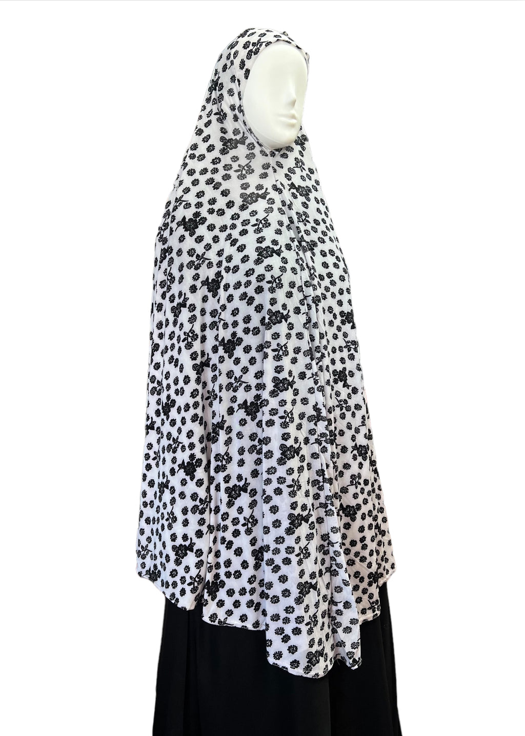 XXL Women’s Printed Prayer Hijab - Black & White Floral