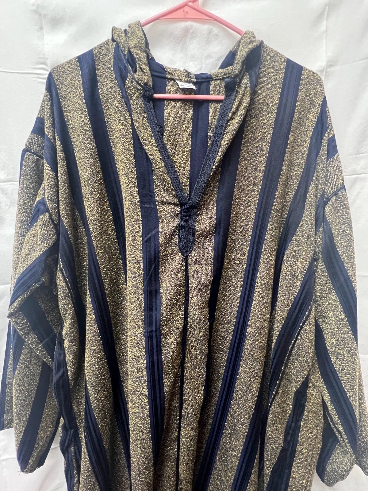 Men's Moroccan Striped Hoodie Thobe - Navy/Dark Gold