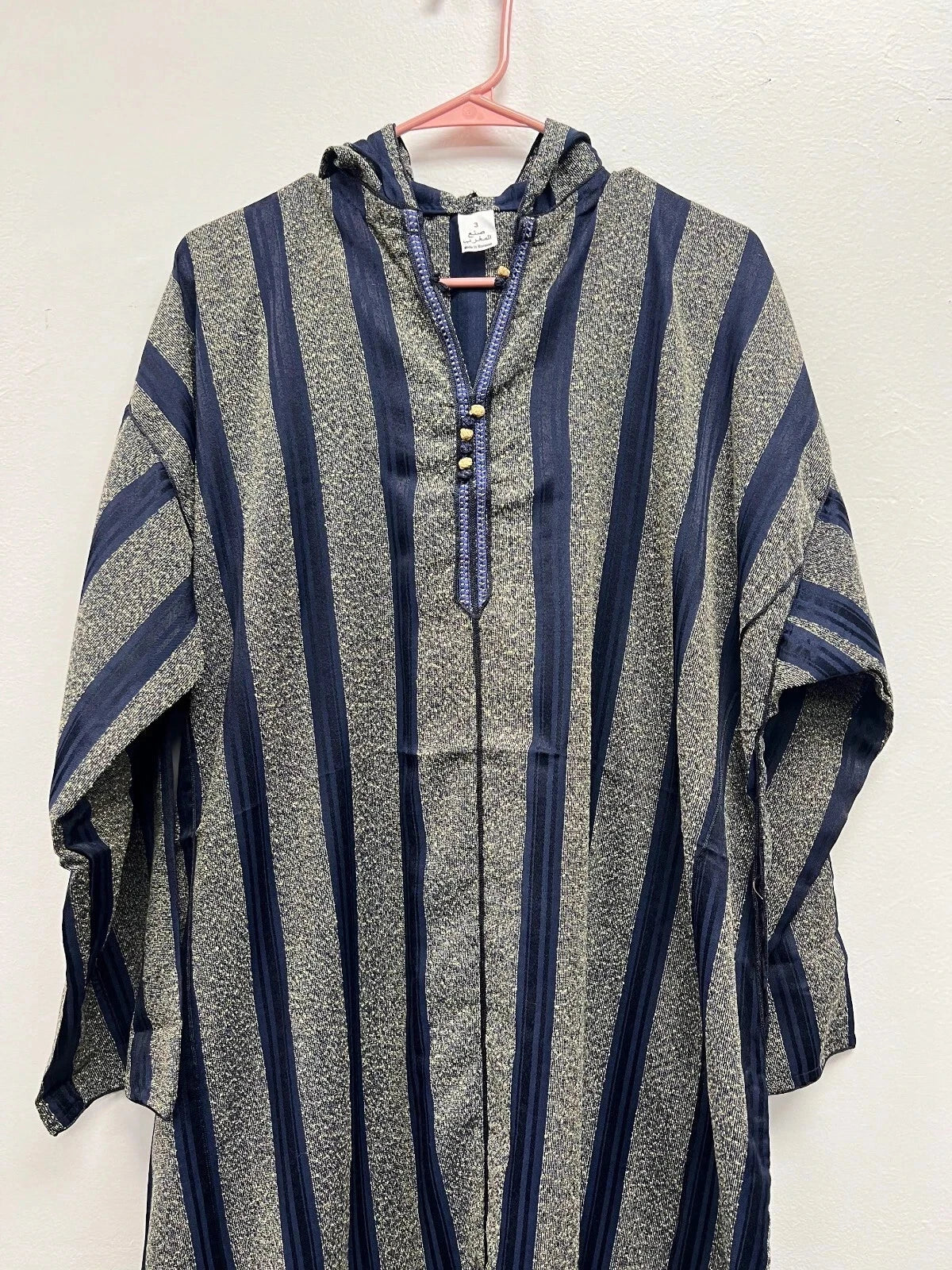 Men's Moroccan Striped Hoodie Thobe - Navy/Gold