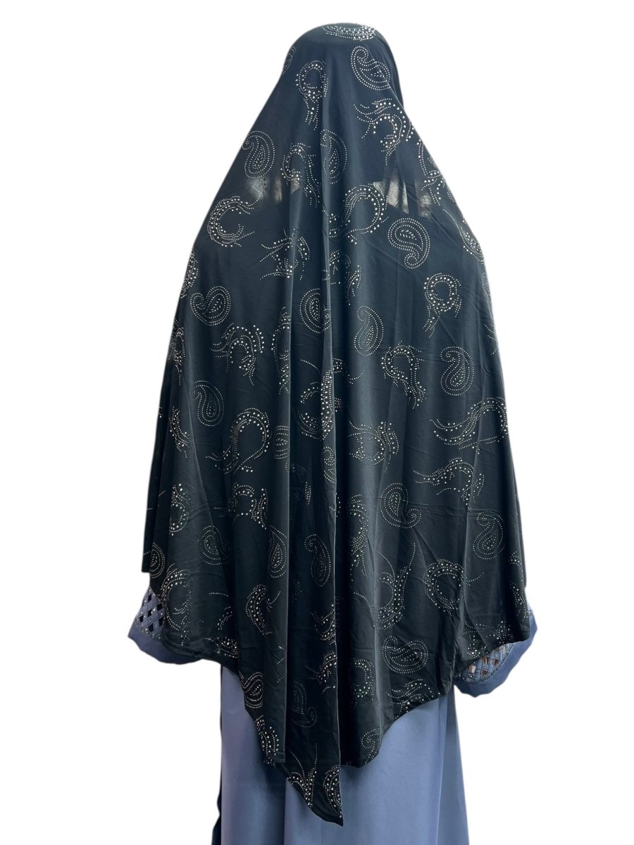 XL One - Piece Instant Hijab with Silver Rhinestones - Black - Barakah Shops