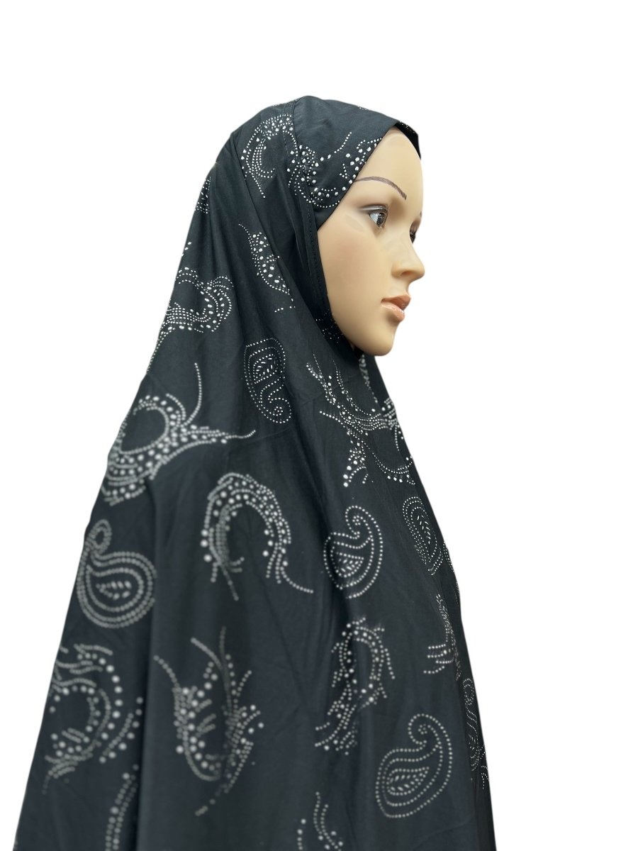 XL One - Piece Instant Hijab with Silver Rhinestones - Black - Barakah Shops