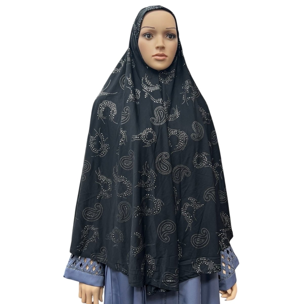 XL One - Piece Instant Hijab with Silver Rhinestones - Black - Barakah Shops