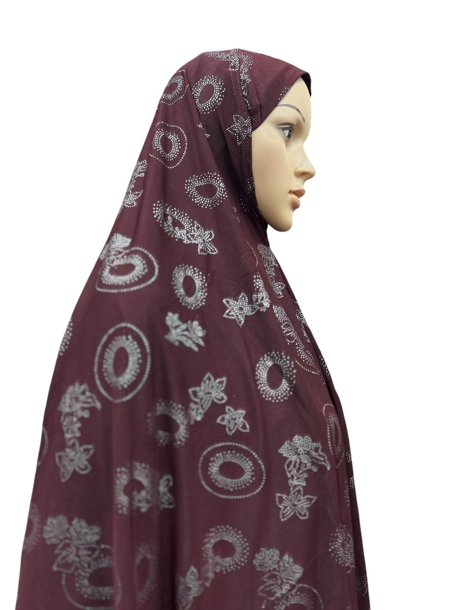 XL One - Piece Instant Hijab with Silver Rhinestones - Burgundy - Barakah Shops
