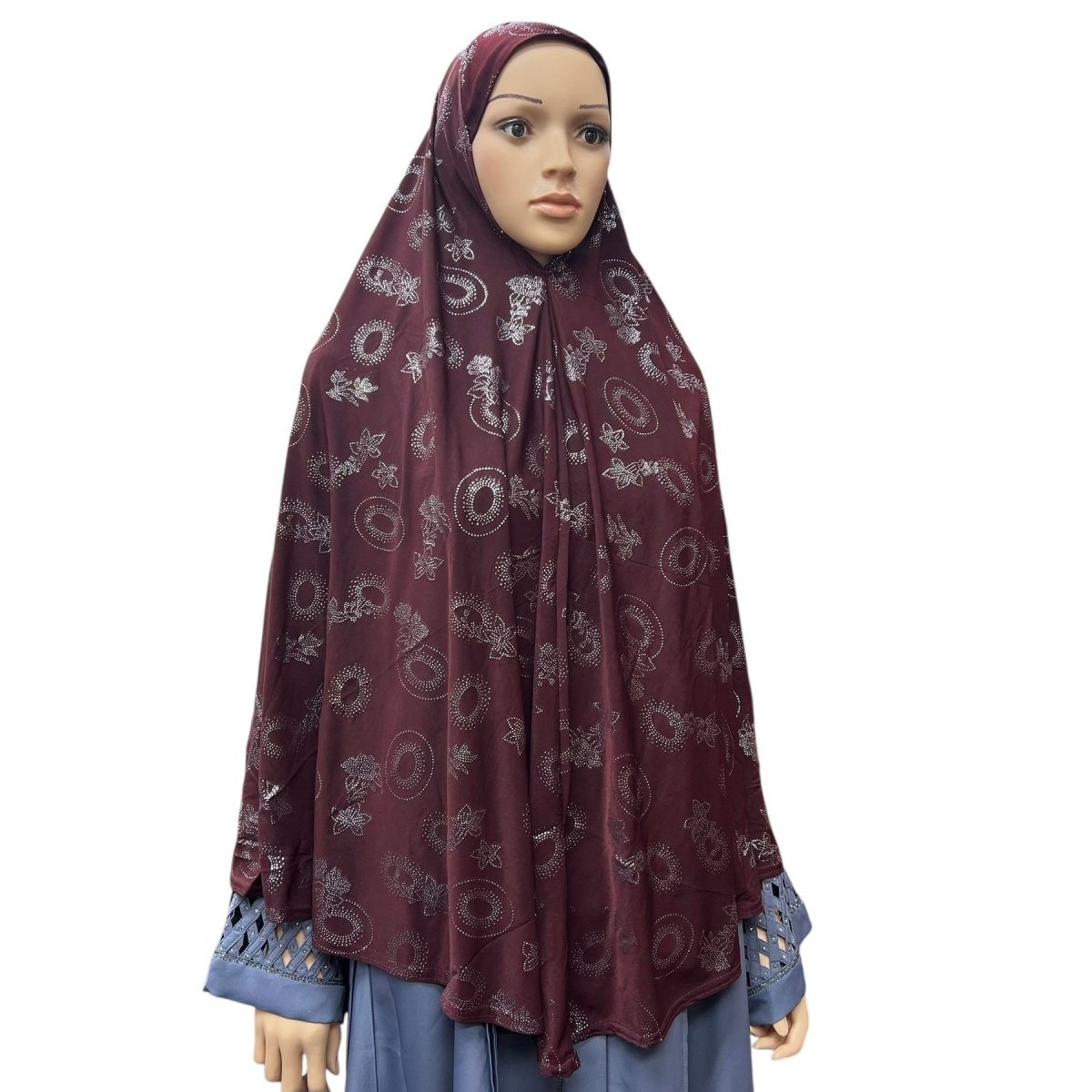 XL One - Piece Instant Hijab with Silver Rhinestones - Burgundy - Barakah Shops