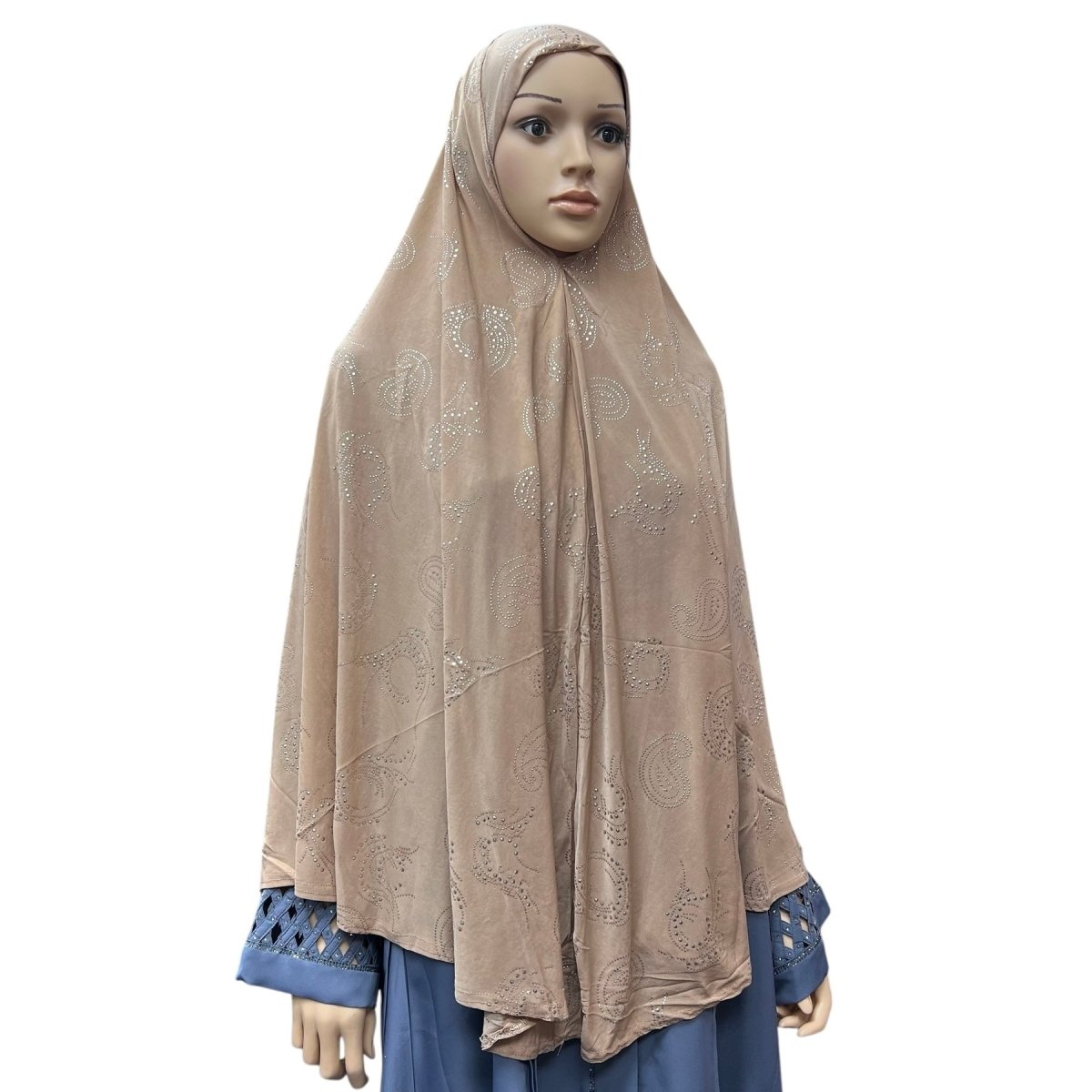 XL One - Piece Instant Hijab with Silver Rhinestones - Tan - Barakah Shops