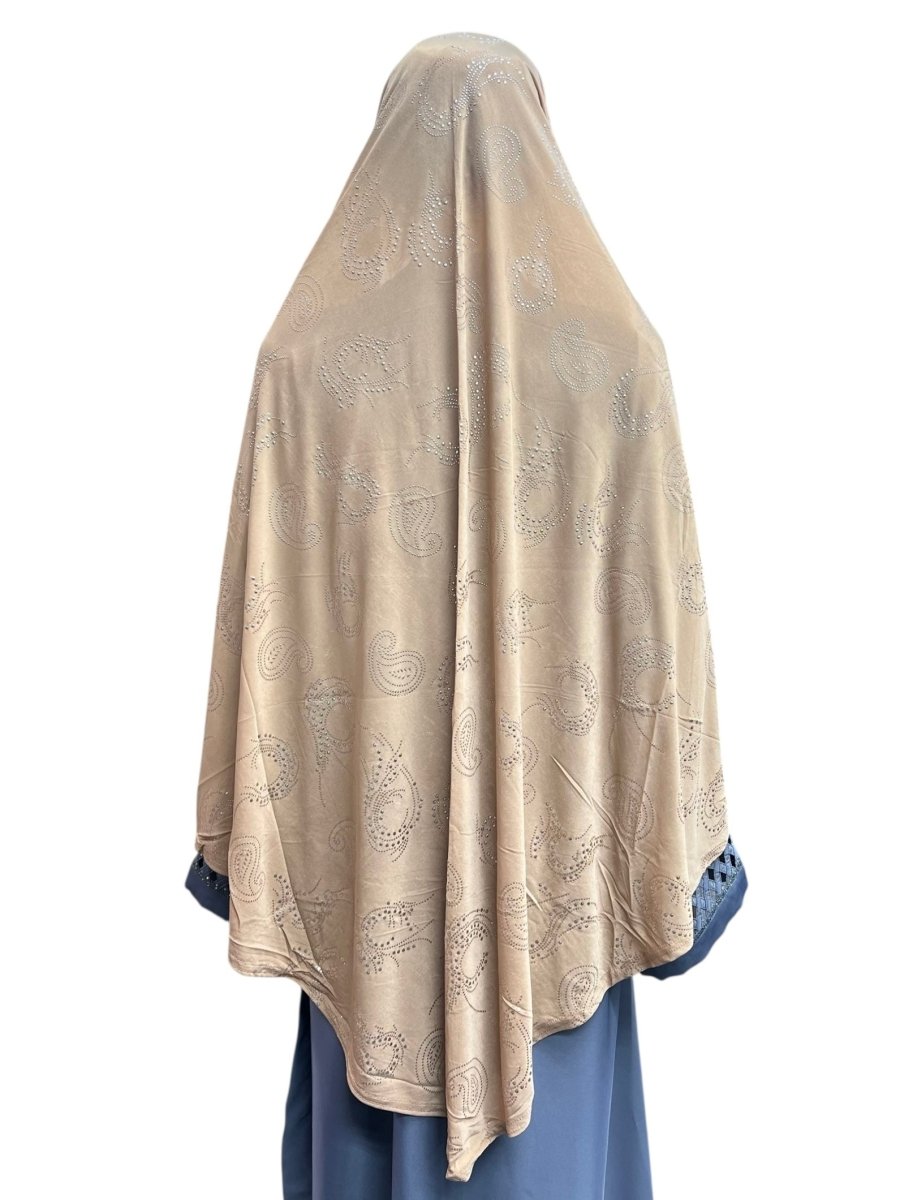 XL One - Piece Instant Hijab with Silver Rhinestones - Tan - Barakah Shops