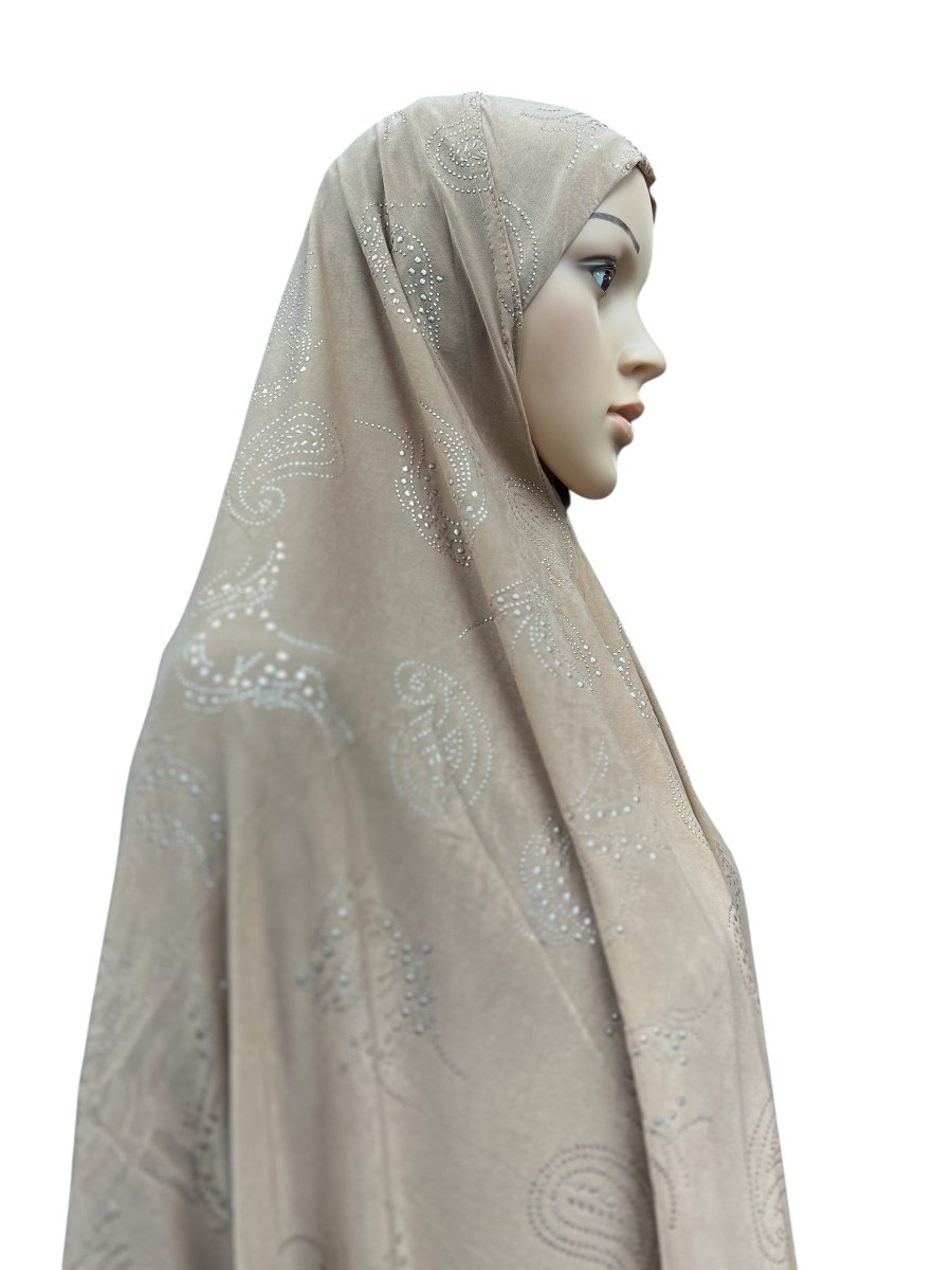XL One - Piece Instant Hijab with Silver Rhinestones - Tan - Barakah Shops